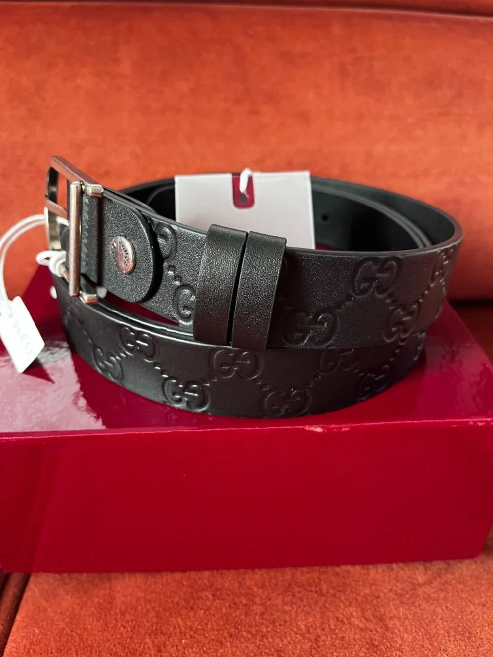 New Gucci Reversable Belt Embossed GG Black Leather Men's Size 120/47
